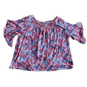 Terra & Sky Women’s Off-Shoulder Size 3X Red Blue Floral Blouse Plus Size Spring